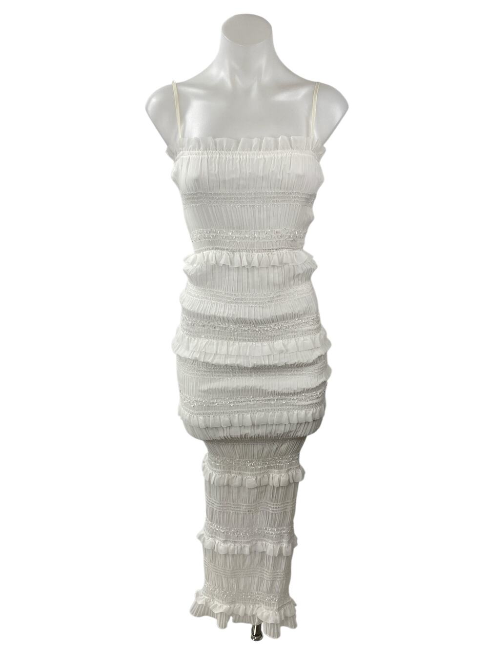 NEW Commense White Smocked Ruffle Tiered Cami Slit Midi Bodycon Dress Size XS